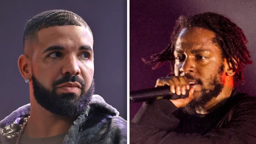 Drake, left, and Kendrick Lamar. The two rappers have been engaged in a fiery lyrical battle this year, with taunts and insults constantly escalating. (Amy Sussman/Getty Images, Santiago Bluguermann/Getty Images)