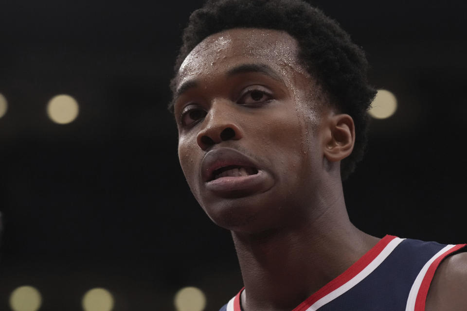 Washington Wizards' Bilal Coulibaly reacts during preseason NBA basketball game action against the Toronto Raptors in Toronto, Friday Oct. 20, 2023. (Chris Young/The Canadian Press via AP)