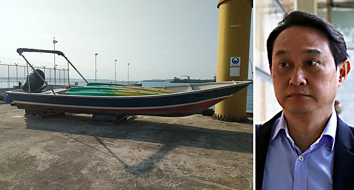 Chew Eng Han and the motorised sampan in which he attempted to leave the country on. (FILE PHOTO: Yahoo News Singapore)