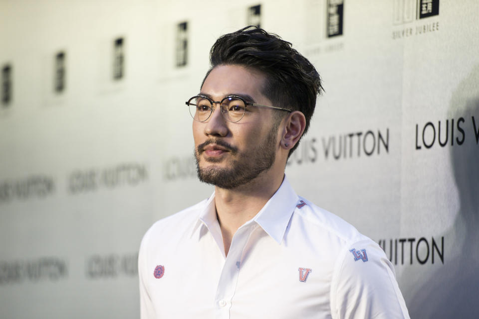 Godfrey Gao poses at the red carpet during the opening night of the Time Capsule Exhibition by Louis Vuitton on 21 April 2017. (Photo by studioEAST/Getty Images)