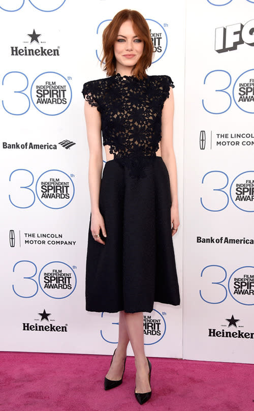 <b>EMMA STONE</b> Perfection as always! The actress works a dark blue Monique Lhuillier dress.