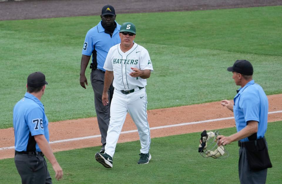Stetson head baseball coach Steve Trimper during a game with Austin Peay at Melching Field in DeLand, Thursday, May 25, 2023. 