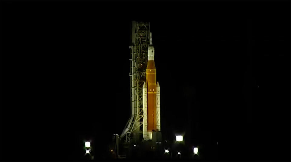 The Space Launch System rocket atop pad 39B at the Kennedy Space Center early Monday evening. Launch is planned for 1:04 a.m. EST Wednesday. / Credit: CBS News