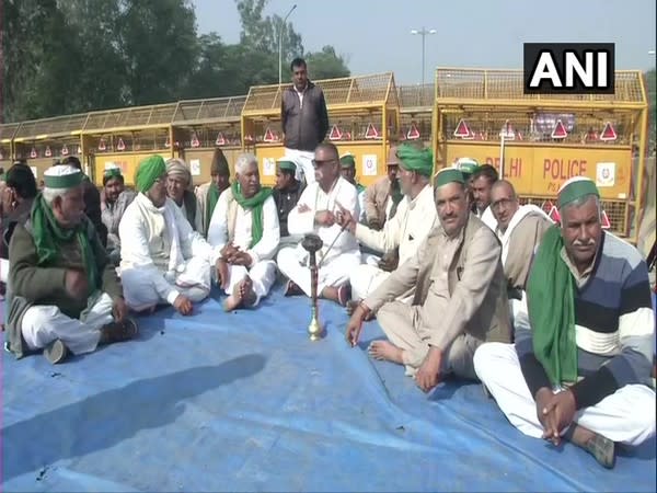 Farmers protest near Gautam Budh Dwar on Delhi-Noida Link Road on Thursday. (Photo/ANI)