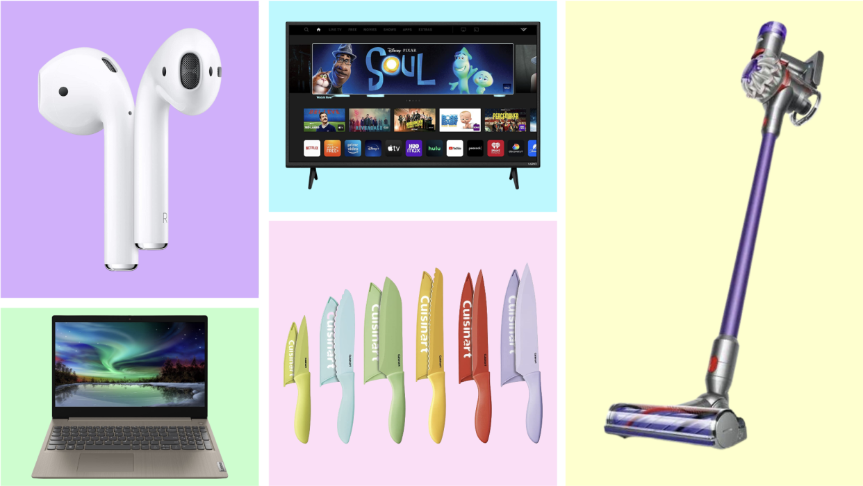 post-memorial day sale items: airpods, a smart tv, dyson vacuum, knife set, and laptop