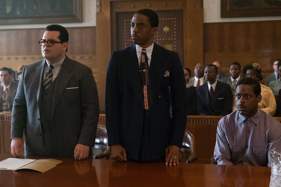 Josh Gad, left, Chadwick Boseman and Sterling K. Brown in the movie "Marshall."