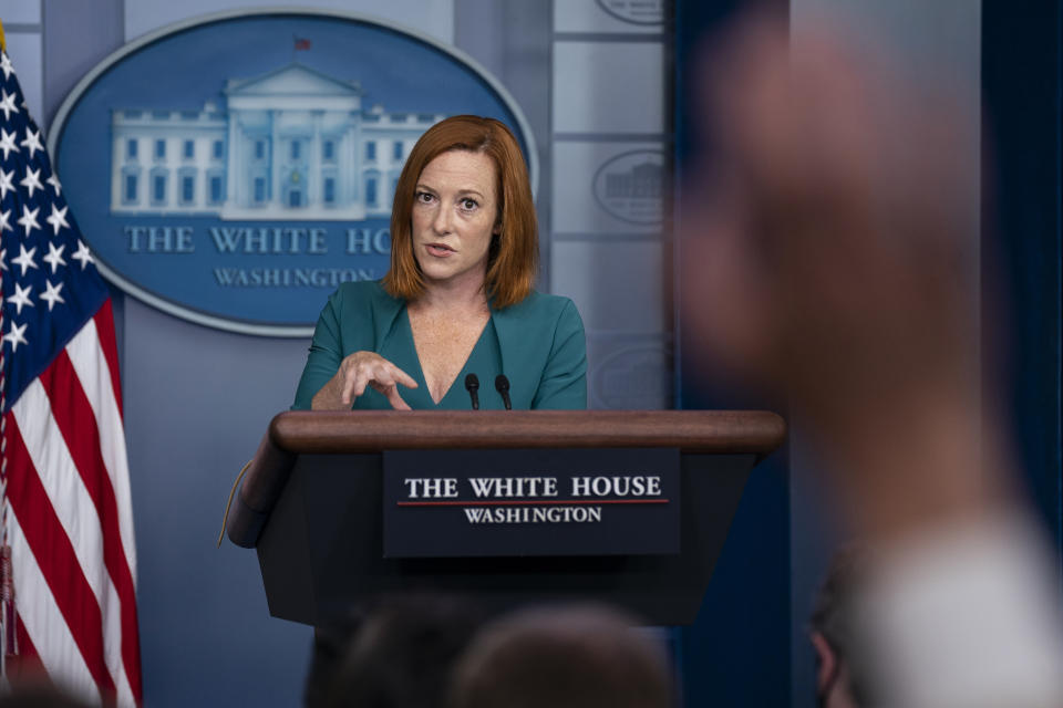 White House press secretary Jen Psaki speaks during a press briefing at the White House, Wednesday, Sept. 1, 2021, in Washington. (AP Photo/Evan Vucci)