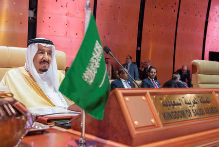 Saudi Arabia's King Salman bin Abdulaziz Al Saud attends during the opening of 29th Arab Summit in Dhahran, Saudi Arabia April 15, 2018. Bandar Algaloud/Courtesy of Saudi Royal Court/Handout via REUTERS