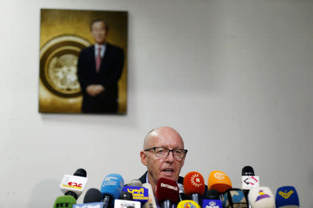 U.N. Humanitarian Coordinator Jamie McGoldrick addresses a news conference in Sanaa, Yemen August 30, 2016. REUTERS/Khaled Abdullah