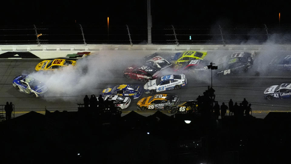 Several cars crash during the NASCAR Daytona 500 auto race Monday, Feb. 19, 2024, at Daytona International Speedway in Daytona Beach, Fla. (AP Photo/Chris O'Meara)