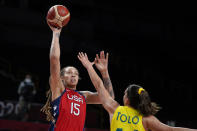 United States's Brittney Griner (15) shoots over Australia's Marianna Tolo during a women's basketball quarterfinal round game at the 2020 Summer Olympics, Wednesday, Aug. 4, 2021, in Saitama, Japan. (AP Photo/Charlie Neibergall)