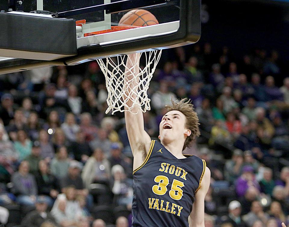 Sioux Valley's Alec Squires goes up for a dunk in the 2022 state Class A boys basketball tournament at Rapid City. The Cossacks meet Groton Area in a SoDak 16 Class A state-qualifying game on Tuesday, March 7, 2023 in the Watertown Civic Arena.