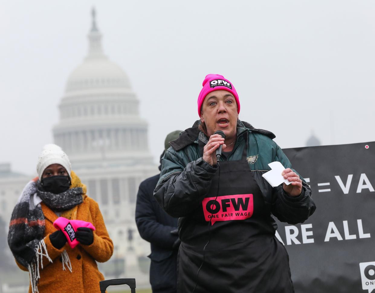 Service industry worker Aunt Carrie speaks Jan. 26 in support of the Raise the Wage Act, which includes a $15 minimum wage for tipped workers and is also included in President Biden's American Rescue Plan. (Photo: Jemal Countess/Getty Images for One Fair Wage)