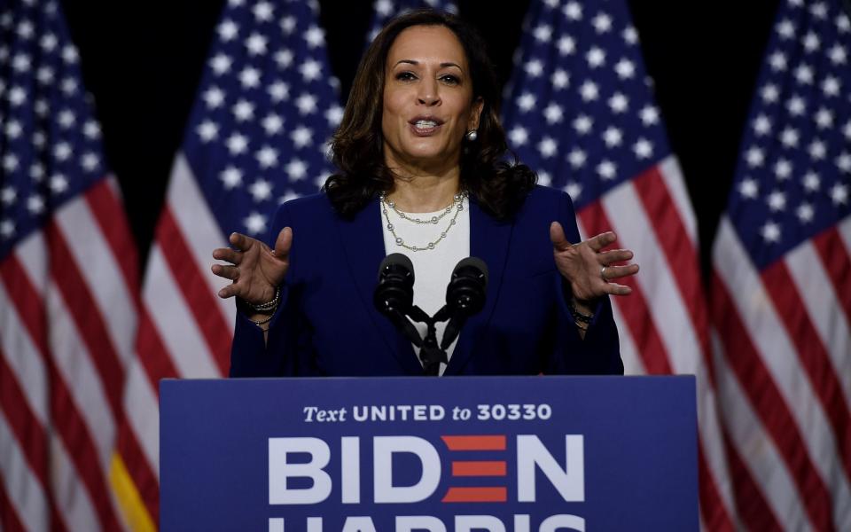 Democratic vice presidential running mate, US Senator Kamala Harris, speaks during the first press conference with Joe Biden in Wilmington, Delaware, - AFP