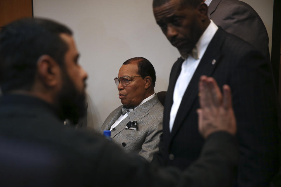 Minister Louis Farrakhan, the leader of the Nation of Islam, sits prior to press conference in Tehran, Iran, Thursday, Nov. 8, 2018. Farrakhan warned President Donald Trump not to pull "the trigger of war in the Middle East, at the insistence of Israel." The 85-year-old Farrakhan, long known for provocative comments widely considered anti-Semitic, criticized the economic sanctions leveled by Trump against Iran after his pullout from the nuclear deal. (AP Photo/Vahid Salemi)