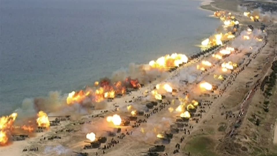 Hundreds of weapons were fired across the sea at Wonsan, North Korea during a military demonstration. Photo: KRT via AP Video