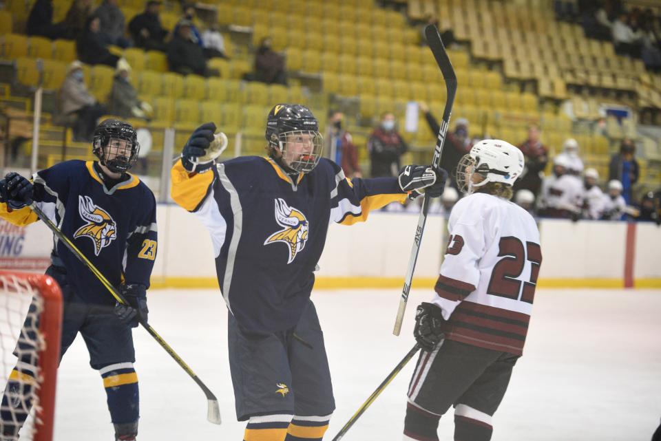 Vernon boys hockey vs. Park Regional at 	Mennen Arena in Morristown on Thursday, December 16, 2021. V #14 Christopher Gay celebrates after scoring in the first period. 