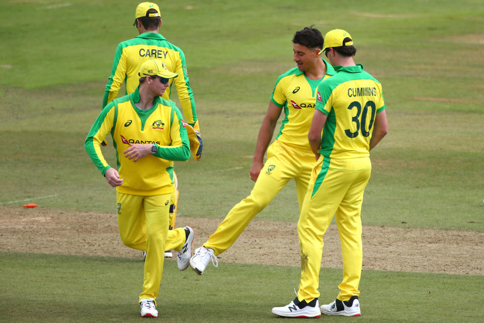 Marcus Stoinis and Steve Smith of team Cummins celebrate a wicket during the 50 over Australia Inter-Squad Warm Up Match at Ageas Bowl on August 30, 2020 in Southampton, England.