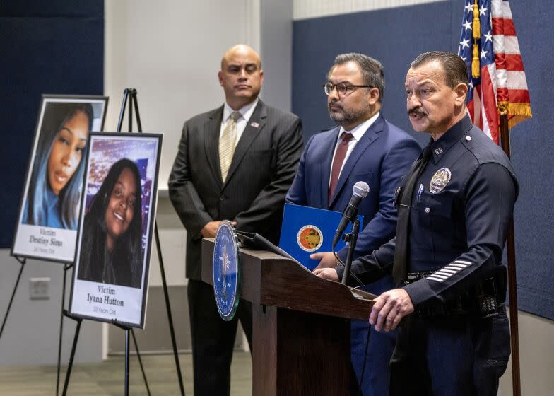 Los Angeles, CA - May 12: Capt. Jonathan Tippet, who leads the Los Angeles Police Dept. Robbery-Homicide Division, speaks during a press conference to announce that Los Angeles police detectives took several suspects into custody in connection with a triple slaying outside a Benedict Canyon home earlier this year in LAPD in Los Angeles Friday, May 12, 2023. (Allen J. Schaben / Los Angeles Times)