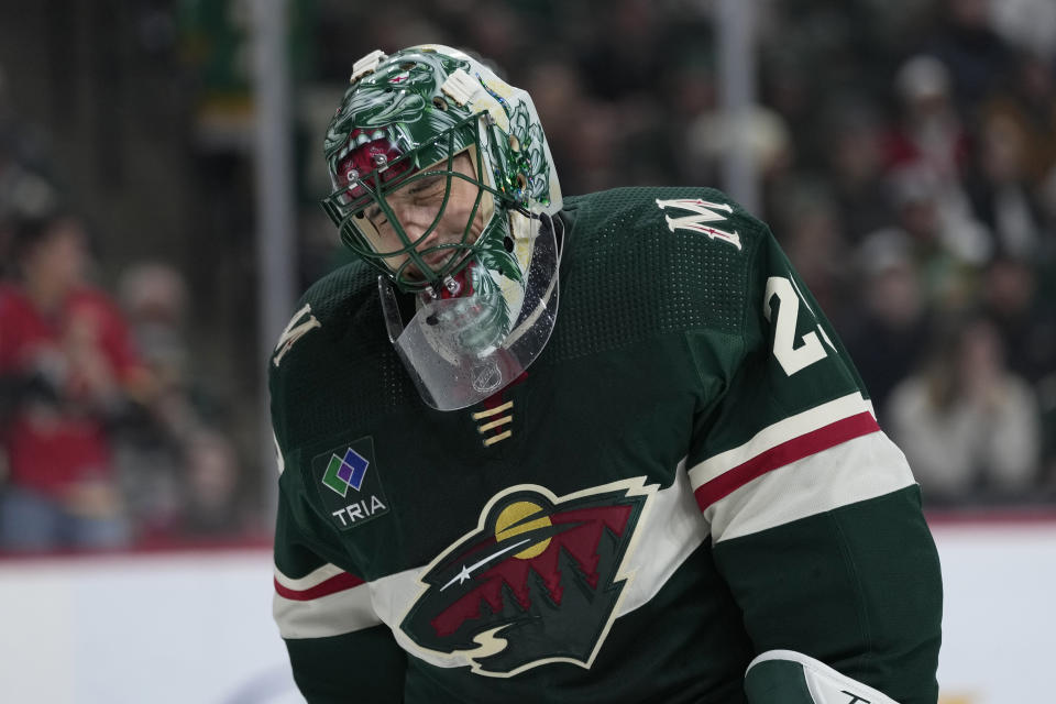 Minnesota Wild goaltender Marc-Andre Fleury reacts after a goal by Calgary Flames center Jonathan Huberdeau during the first period of an NHL hockey game Tuesday, Jan. 2, 2024, in St. Paul, Minn. (AP Photo/Abbie Parr)