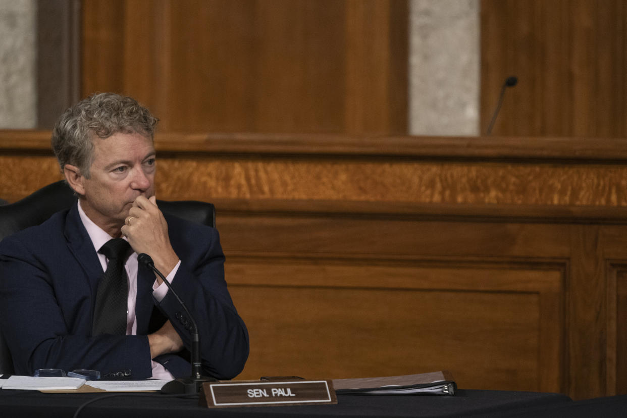 Sen. Rand Paul (R-Ky.) listens during the Senate hearing on the federal government's response to COVID-19 in Washington Wednesday.