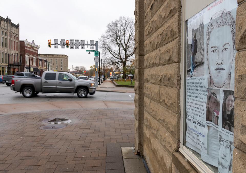 A Delphi town center announcement looking for the 2017 killer of Abigail Williams and Liberty German, on Oct. 31, 2022. Several days ago, suspect Richard M. Allen was arrested and charged with the crimes. 