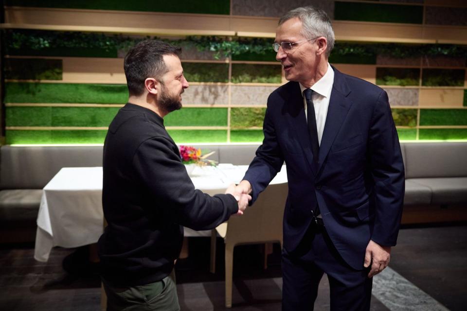 President Volodymyr Zelensky (L) meets NATO Secretary General Jens Stoltenberg in Davos, Switzerland on Jan. 16, 2024. (President's Office)