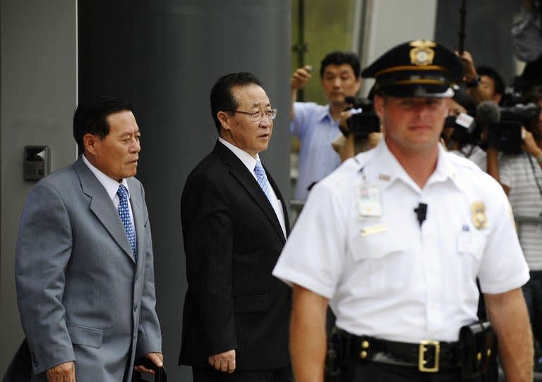 North Korean Vice Foreign Minister Kim Kye-Gwan (C) departs the US Mission to the United Nations after meetings with Ambassador Stephen Bosworth, the Obama administration's top envoy on North Korean affairs. The United States on Thursday pressed North Korea to take "concrete and irreversible" steps to give up its nuclear arsenal at talks on how to improve hostile relations