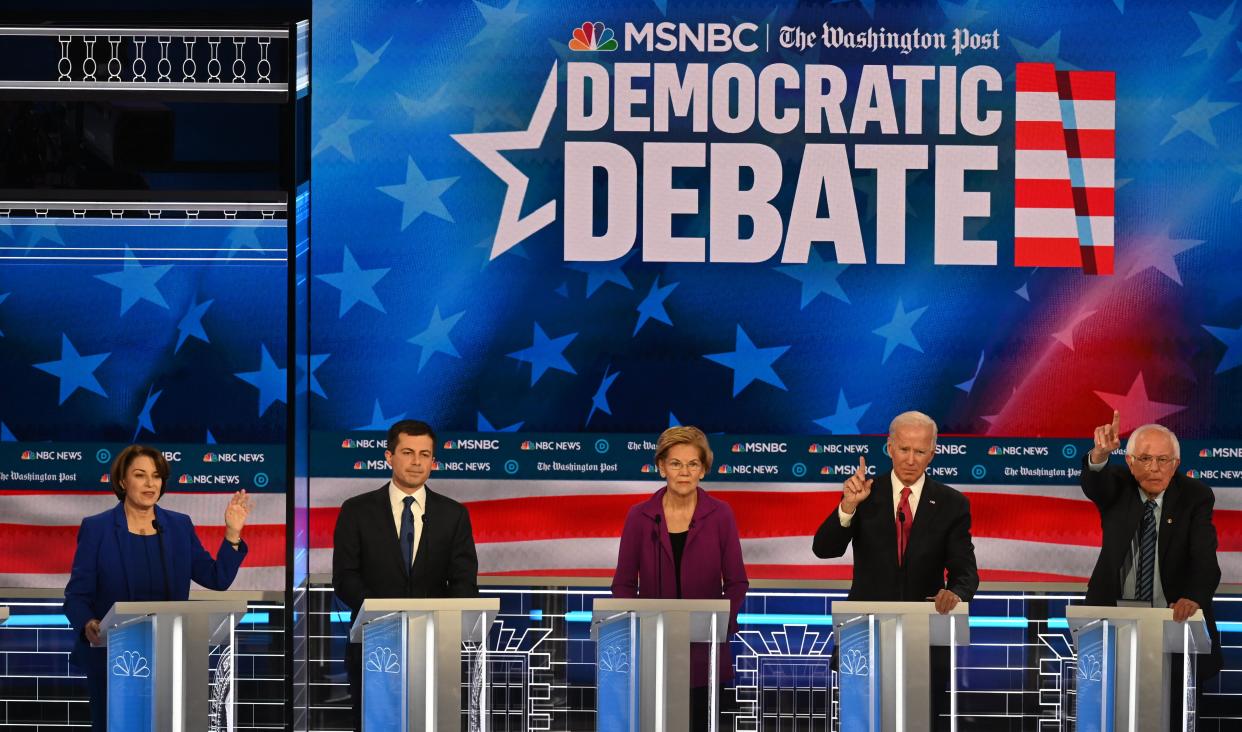 Presidential candidates Sen. Amy Klobuchar (D-Minn.), South Bend, Indiana, Mayor Pete Buttigieg, Sen. Elizabeth Warren (D-Mass.), former Vice President Joe Biden and Sen. Bernie Sanders (I-Vt.) during the Washington Post and MSNBC fifth Democratic presidential primary debate on Nov. 20, 2019 in Atlanta, Georgia. (Photo: The Washington Post via Getty Images)