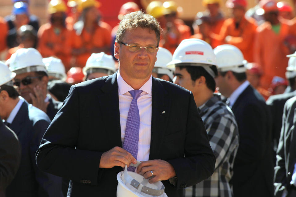 FIFA’s General Secretary Jerome Valcke inspects the ongoing construction at the National Stadium ahead of the 2014 World Cup in Brasilia, Brazil, Thursday, June 28, 2012. The FIFA is inspecting stadiums in Brasilia, Recife and Natal ahead of the 2014 soccer tournament. (AP Photo/Eraldo Peres)