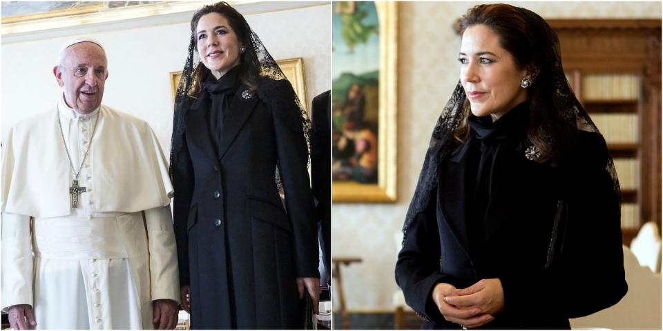 Princess Mary has followed in the footsteps of Queen Elizabeth and Princess Diana by donning a black veil to meet the Pope at the Vatican with Prince Frederik. Photo: Getty Images