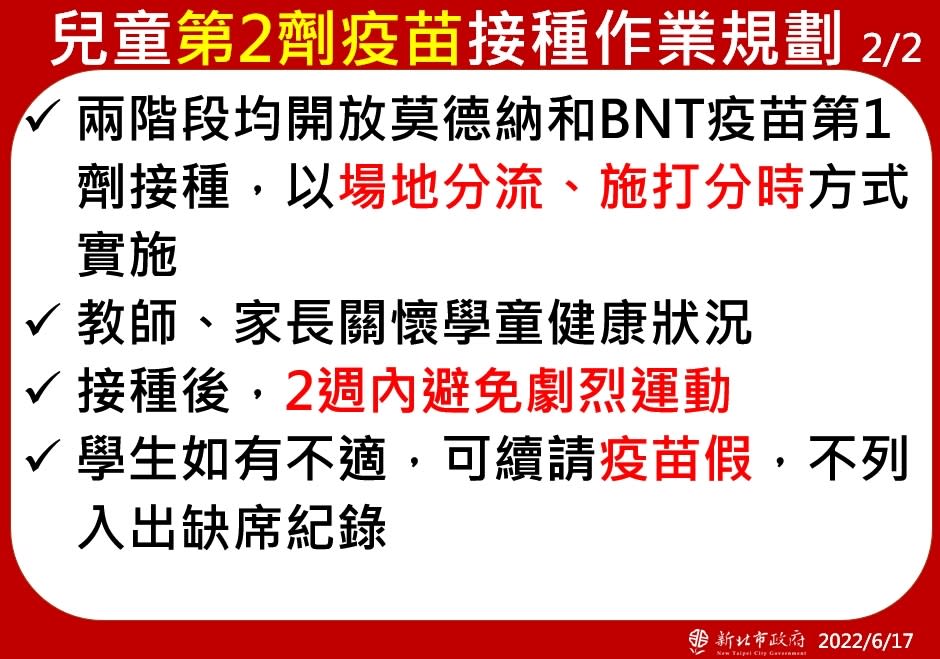 新北校園及接種站雙軌開打，兒童疫苗接種以場地分流、施打分時方式進行