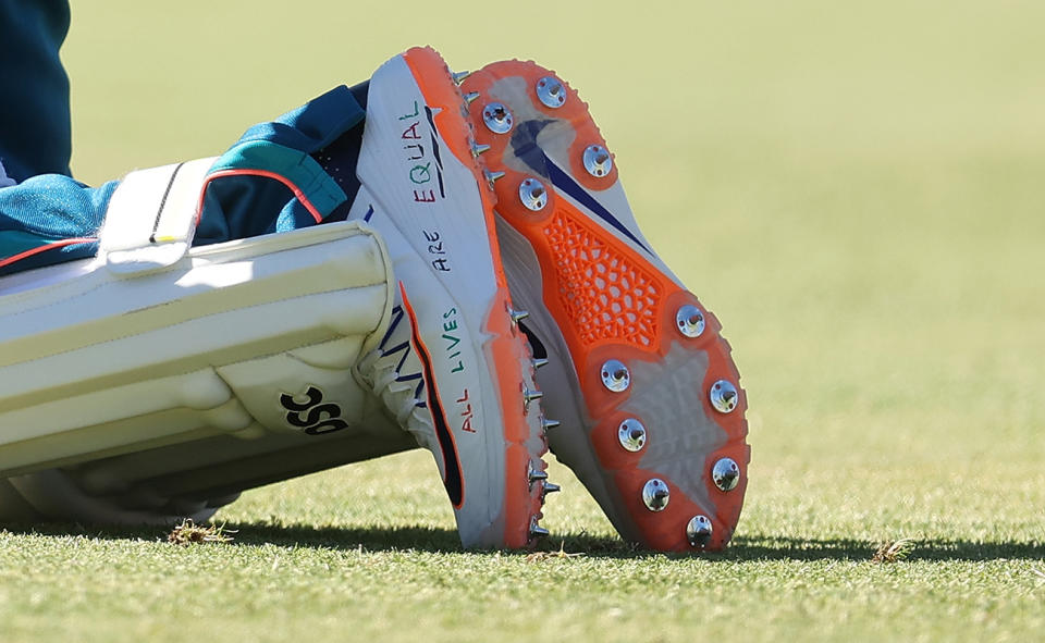 Usman Khawaja shoes, pictured here before the first Test against Pakistan.