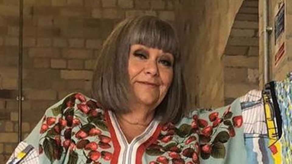 Dawn French Instragram photo modelling tea towel dress by vintage lover Lady Boo