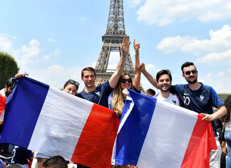 <p>French supporters gather for the FIFA World Cup 2018 final soccer match between France and Croatia on the Champ de Mars in Paris, France on July 15, 2018. (Getty Images) </p>