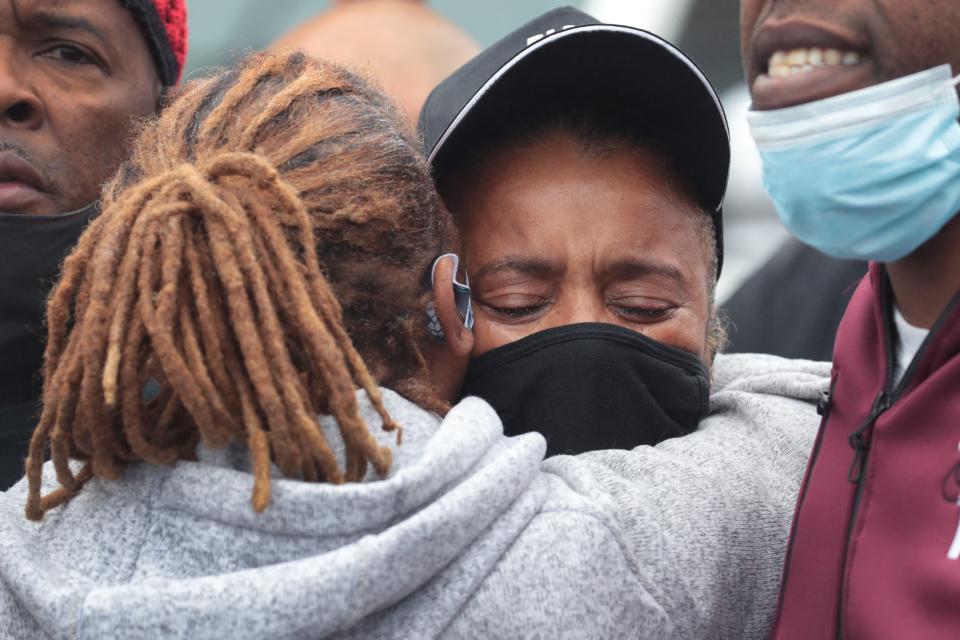 Sherrellis Stinnette, the grandmother of 19-year-old Marcellis Stinnette, joins demonstrators protesting the October 20 police shooting that left her grandson dead and his girlfriend, 20-year-old Tafara Williams, with serious injuries on October 22, 2020 in Waukegan, Illinois.