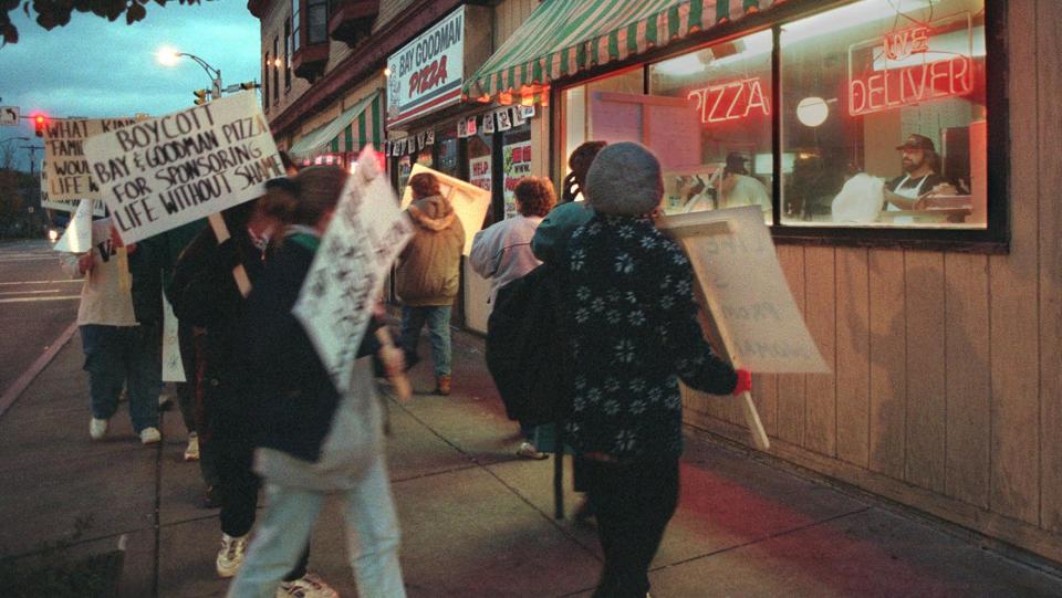 Protesters against "Life Without Shame" picket outside one of the show's sponsor in 1996.