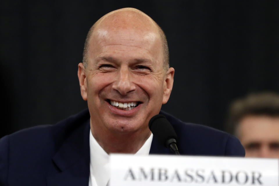 U.S. Ambassador to the European Union Gordon Sondland testifies before the House Intelligence Committee on Capitol Hill in Washington, Wednesday, Nov. 20, 2019, during a public impeachment hearing of President Donald Trump's efforts to tie U.S. aid for Ukraine to investigations of his political opponents. (AP Photo/Andrew Harnik)