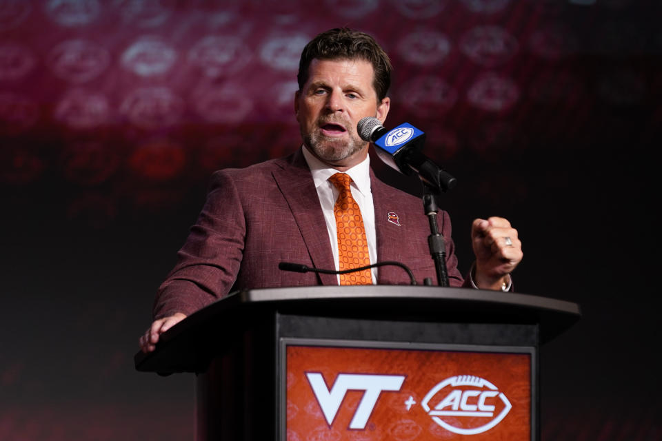 FILE - Virginia Tech head coach Brent Pry speaks during the Atlantic Coast Conference NCAA college football media days Wednesday, July 26, 2023, in Charlotte, N.C. Virginia Tech opens their season at home against Old Dominion on Sept. 2. (AP Photo/Erik Verduzco, File)