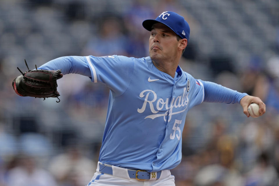 Kansas City Royals starting pitcher Cole Ragans throws during the first inning of a baseball game against the San Diego Padres Sunday, June 2, 2024, in Kansas City, Mo. (AP Photo/Charlie Riedel)