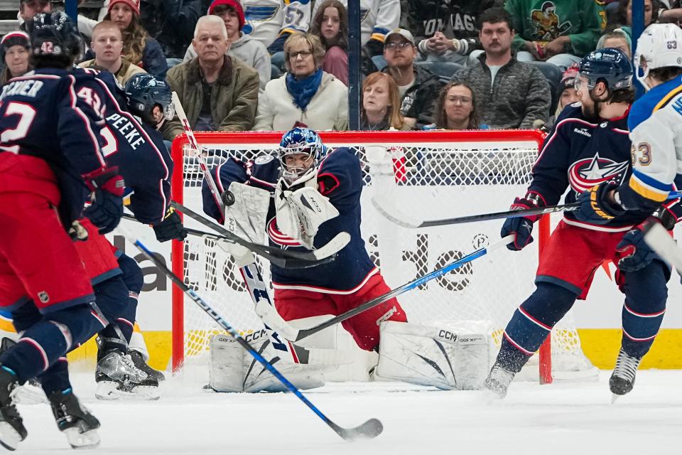 Dec 8, 2023; Columbus, Ohio, USA; Columbus Blue Jackets goaltender Jet Greaves (73) makes a save during the third period of the NHL game against the St. Louis Blues at Nationwide Arena. The Blue Jackets won 5-2.