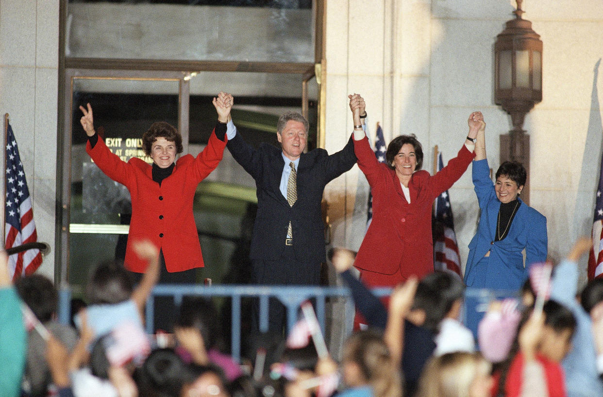 From left, Feinstein, President Bill Clinton and California State Treasurer Kathleen Brown in 1994