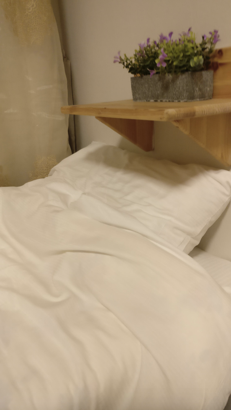 A neatly made bed with white linens, next to a wooden shelf holding a small potted plant with purple flowers