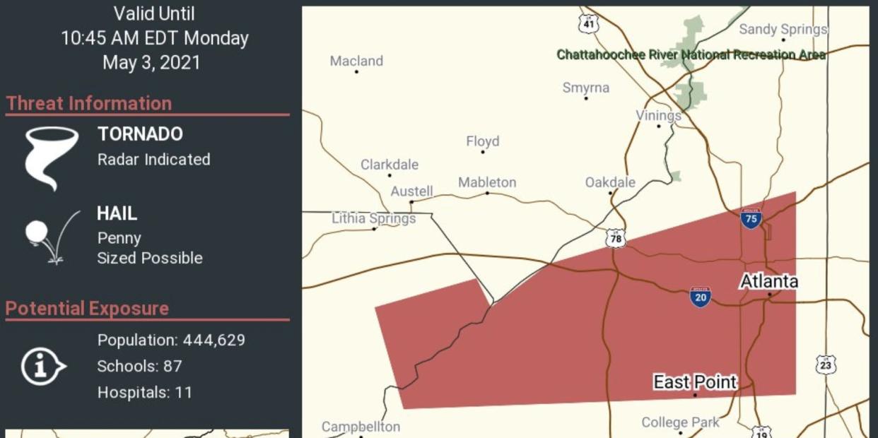 National Weather Service says the tornado touched ground just west of Atlanta