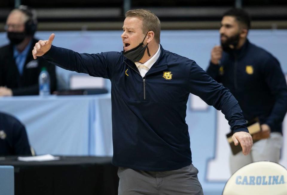 Marquette coach Steve Wojciechowski directs his team on defense during the fist half against North Carolina on Wednesday, February 24, 2021 at the Smith Center in Chapel Hill, N.C.