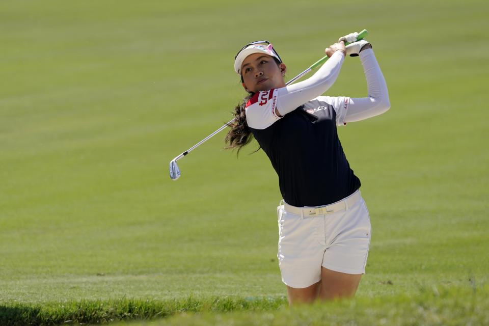 Atthaya Thitkul, of Thailand, hits out of a bunker on the sixth hole during the first round of the MEDIHEAL Championship golf tournament Thursday, Oct. 6, 2022, in Somis, Calif. (AP Photo/Mark J. Terrill)