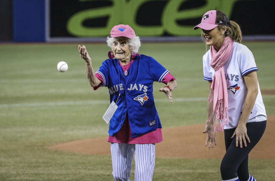 TORONTO, ON- MAY 11  -  101-year-old Kitty Cohen became Canada's oldest person to throw an opening pitch at a major league baseball game when she through out the first pitched at the Blue Jays game on Sunday before the game between the Toronto Blue Jays and the Los Angeles Angels Rogers Centre May 11, 2014.        (David Cooper/Toronto Star via Getty Images)