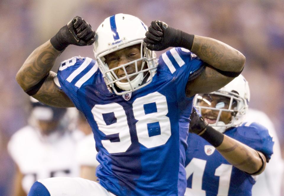 Indianapolis Colts Robert Mathis celebrates his first quarter sack on Jacksonville,Jaguars David Garrard at Lucas Oil Stadium on Sunday, December 19, 2010. 