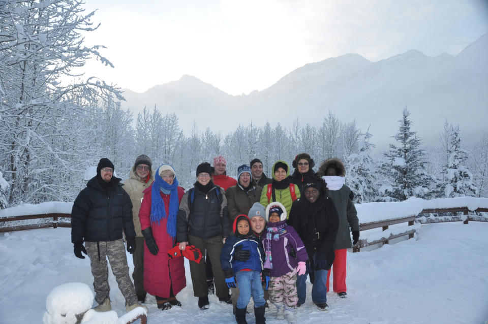 This Jan. 1, 2012 photo provided by Alaska State Parks shows hikers at Eagle River Nature Center on a First Day Hike in Alaska. The hike was one of 400 First Day Hikes held at parks in all 50 states last Jan. 1. More than 600 are planned for this Jan. 1. (AP Photo/Alaska State Parks)