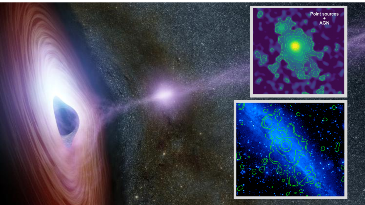  (Main) Illustration shows as a black hole erupts (inset top) NGC 4945 seen in X rays by XMM-Newton (Inset bottom) the same galaxy in visible light. 